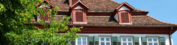 Ein historisches Gebäude mit roten Dachgauben und grünen Fensterläden strahlt im Sonnenschein neben einem grünen Baum.